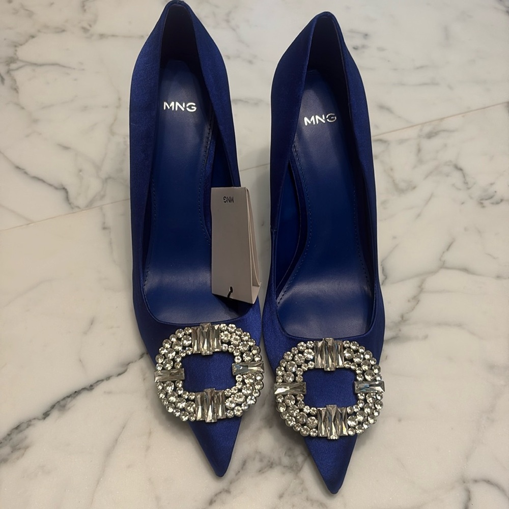 Mango satin blue pumps with crystal buckle
